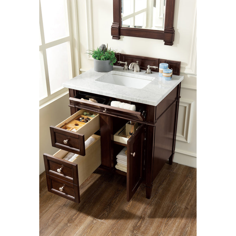 James Martin Brittany 30" Single Vanity Burnished Mahogany with 3 cm Carrara Marble Top 650-V30-BNM-3CAR