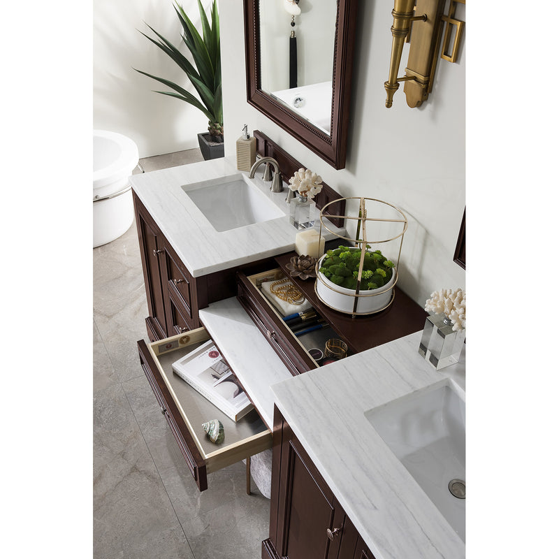 James Martin De Soto 82" Double Vanity Set Burnished Mahogany with Makeup Table 3 cm Arctic Fall Solid Surface Top 825-V82-BNM-DU-AF