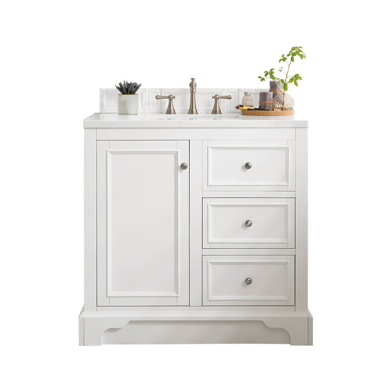 James Martin De Soto 36" Single Vanity Bright White with 3 cm Classic White Quartz Top 825-V36-BW-3CLW