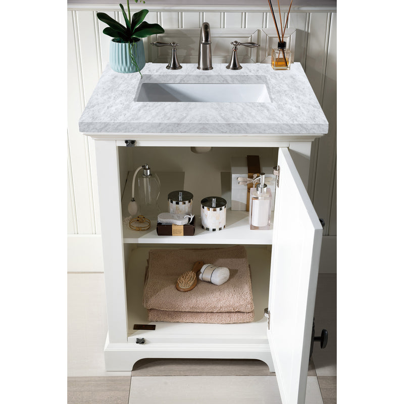 James Martin Providence 26" Bright White Single Vanity with 3 cm Carrara Marble Top 238-105-V26-BW-3CAR