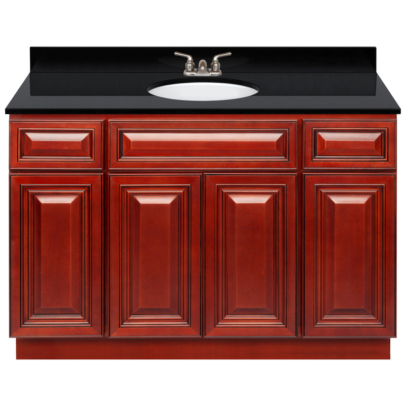 Cherry Bathroom Vanity 48", Absolute Black Granite Top, Faucet LB3B AB494-48CH-3B