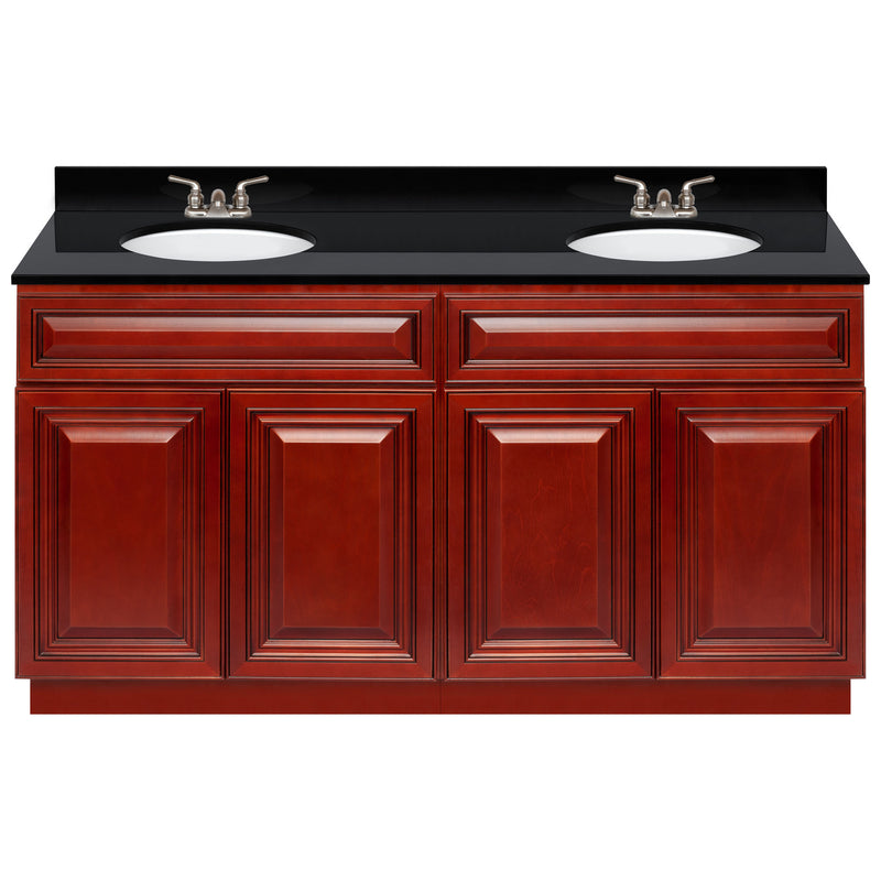 Cherry Double Bathroom Vanity 60", Absolute Black Granite Top, Faucet LB3B AB614-60CH-3B