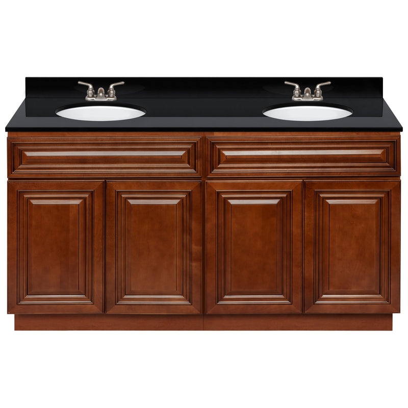 Brown Double Bathroom Vanity 60", Absolute Black Granite Top, Faucet LB3B AB614-60GN-3B