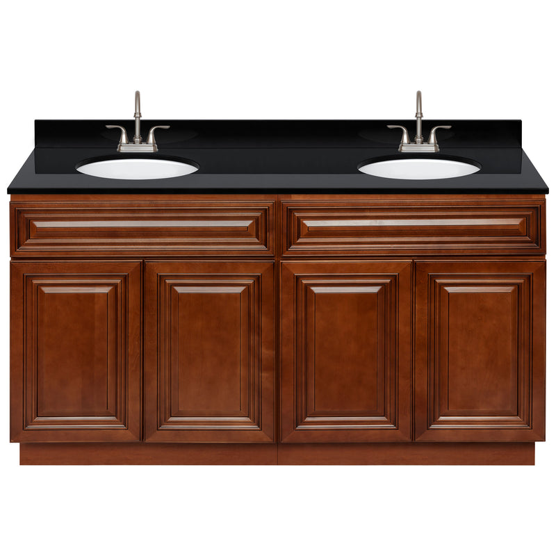 Brown Double Bathroom Vanity 60", Absolute Black Granite Top, Faucet LB6B AB614-60GN-6B