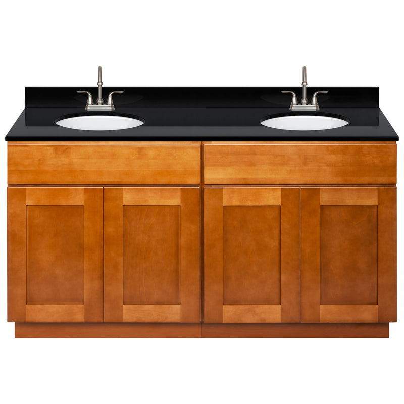 Brown Double Bathroom Vanity 60", Absolute Black Granite Top, Faucet LB6B AB614-60NP-6B