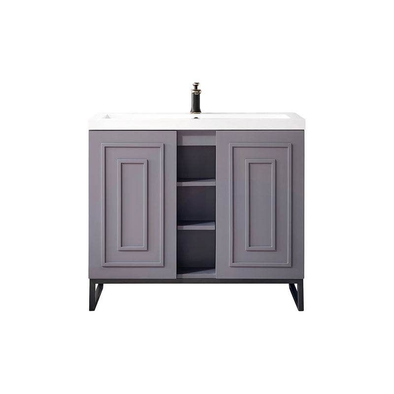 James Martin Alicante' 39.5" Single Vanity Cabinet Grey Smoke Matte Black with White Glossy Composite Countertop E110V39.5GSMMBKWG