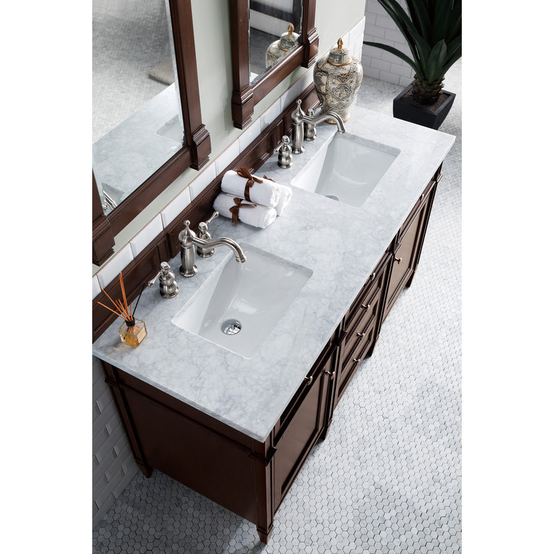 James Martin Brittany 60" Burnished Mahogany Double Vanity with 3 cm Carrara Marble Top 650-V60D-BNM-3CAR