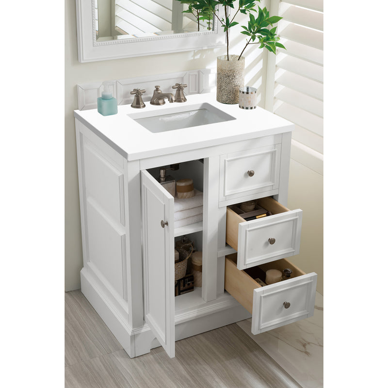 James Martin De Soto 30" Single Vanity Bright White with 3 cm Classic White Quartz Top 825-V30-BW-3CLW