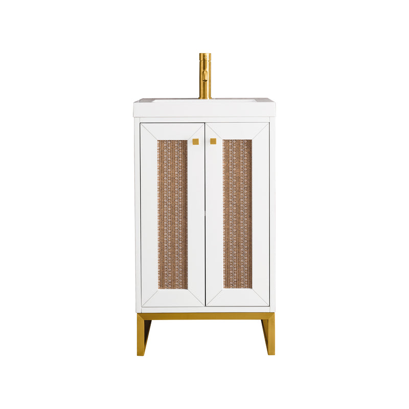 James Martin Chianti 20" Single Vanity Cabinet Glossy White Radiant Gold with White Glossy Resin Countertop E303-V20-GW-RGD-WG