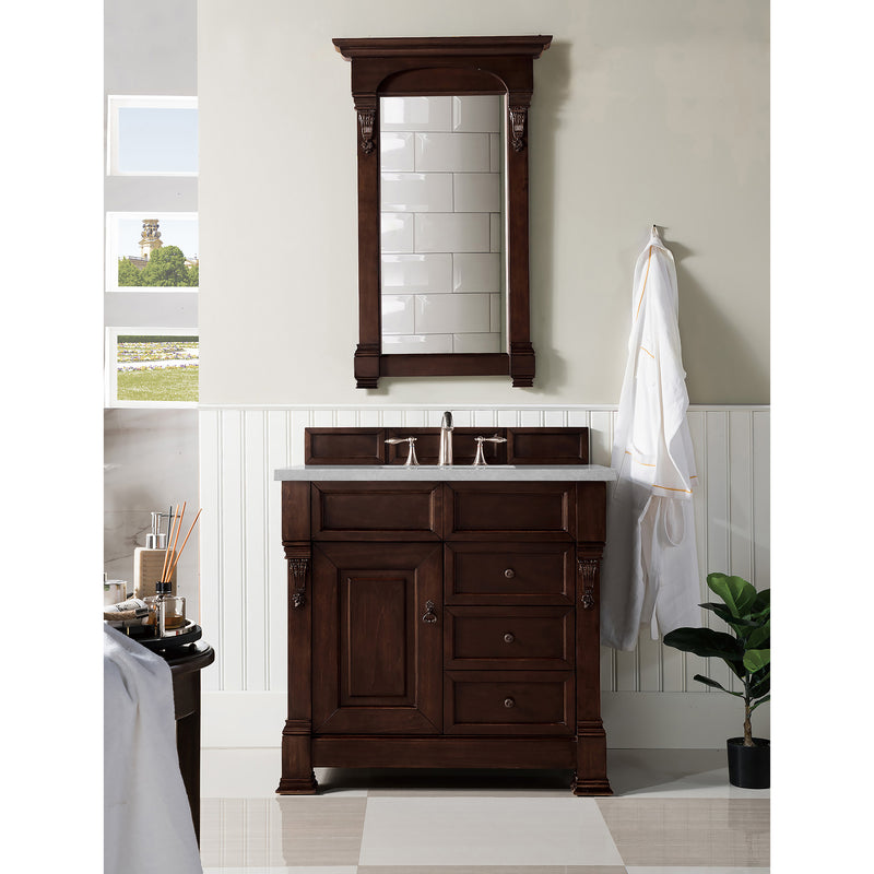 James Martin Brookfield 36" Burnished Mahogany Single Vanity with 3 cm Eternal Serena Quartz Top 147-114-5566-3ESR