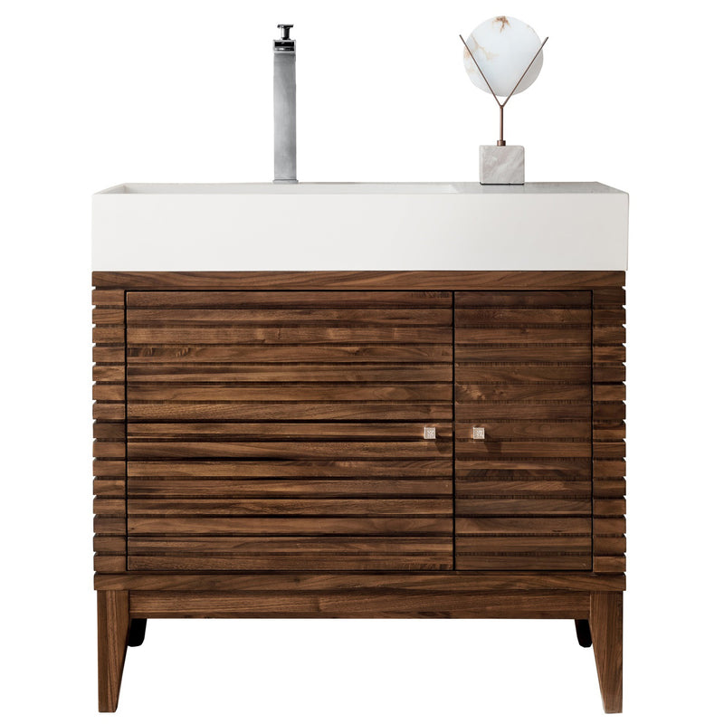 James Martin Linear 36" Single Vanity Mid Century Walnut with Glossy White Composite Top 210-V36-WLT-GW