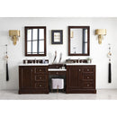 James Martin De Soto 94" Double Vanity Set Burnished Mahogany with Makeup Table 3 cm Classic White Quartz Top 825-V94-BNM-DU-CLW