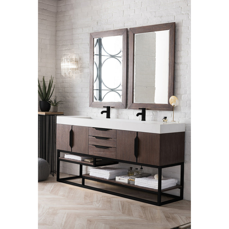 James Martin Columbia 72" Double Vanity Coffee Oak Matte Black with Glossy White Composite Top 388-V72D-CFO-MB-GW