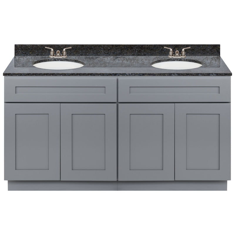 Cherry Double Bathroom Vanity 60", Blue Butterfly Granite Top, Faucet LB3B BB614-60CG-3B