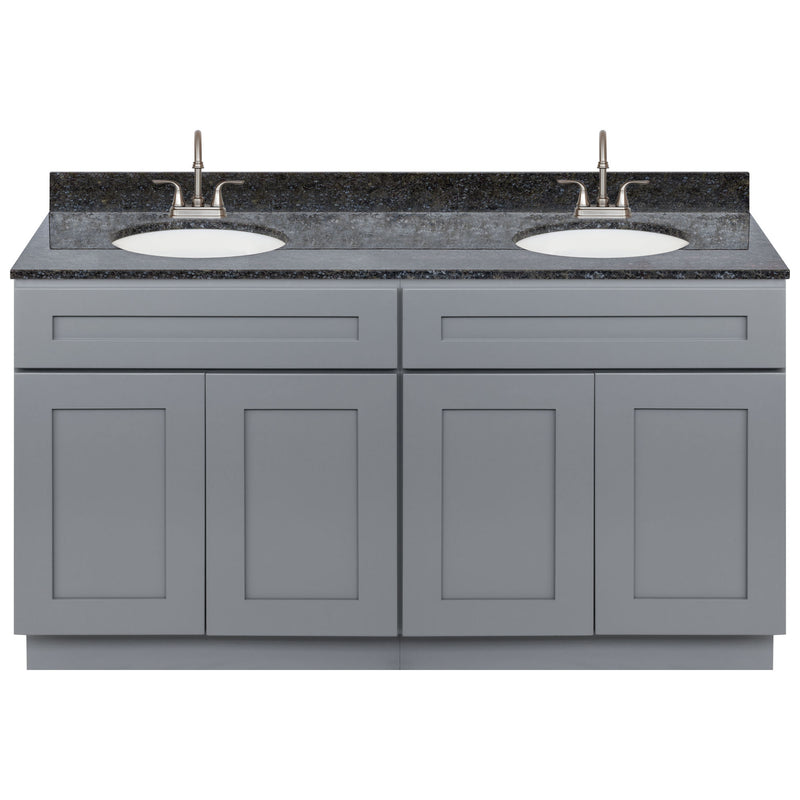 Cherry Double Bathroom Vanity 60", Blue Butterfly Granite Top, Faucet LB6B BB614-60CG-6B