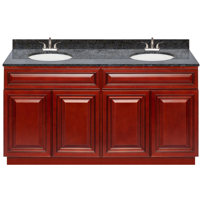 Cherry Double Bathroom Vanity 60", Blue Butterfly Granite Top, Faucet LB5B BB614-60CH-5B