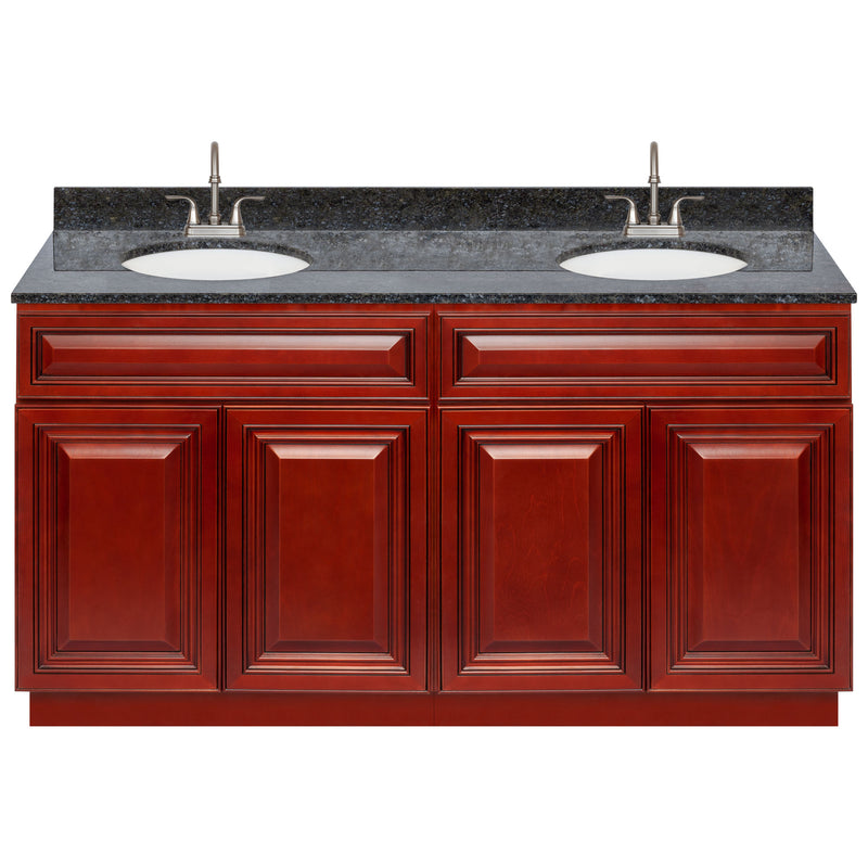 Cherry Double Bathroom Vanity 60", Blue Butterfly Granite Top, Faucet LB6B BB614-60CH-6B