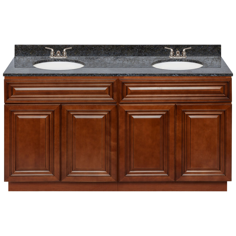 Brown Double Bathroom Vanity 60", Blue Butterfly Granite Top, Faucet LB3B BB614-60GN-3B