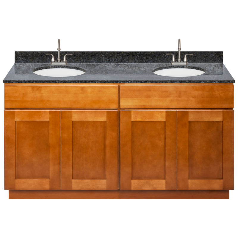 Brown Double Bathroom Vanity 60", Blue Butterfly Granite Top, Faucet LB6B BB614-60NP-6B