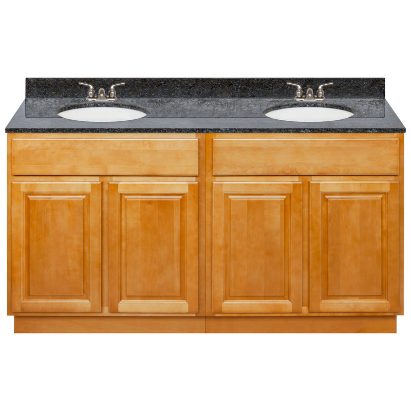 Brown Double Bathroom Vanity 60", Blue Butterfly Granite Top, Faucet LB3B BB614-60RC-3B