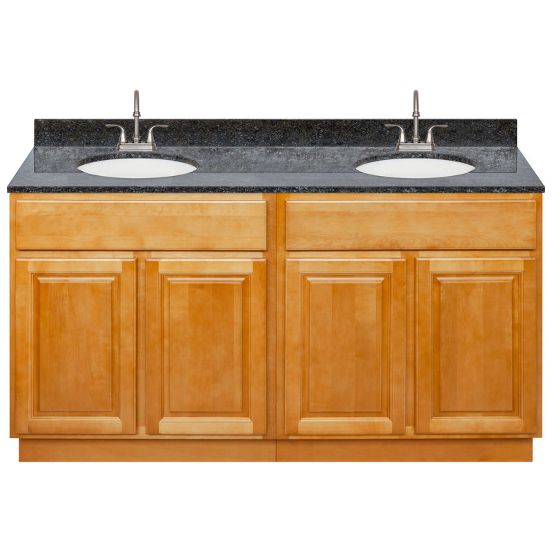 Brown Double Bathroom Vanity 60", Blue Butterfly Granite Top, Faucet LB6B BB614-60RC-6B