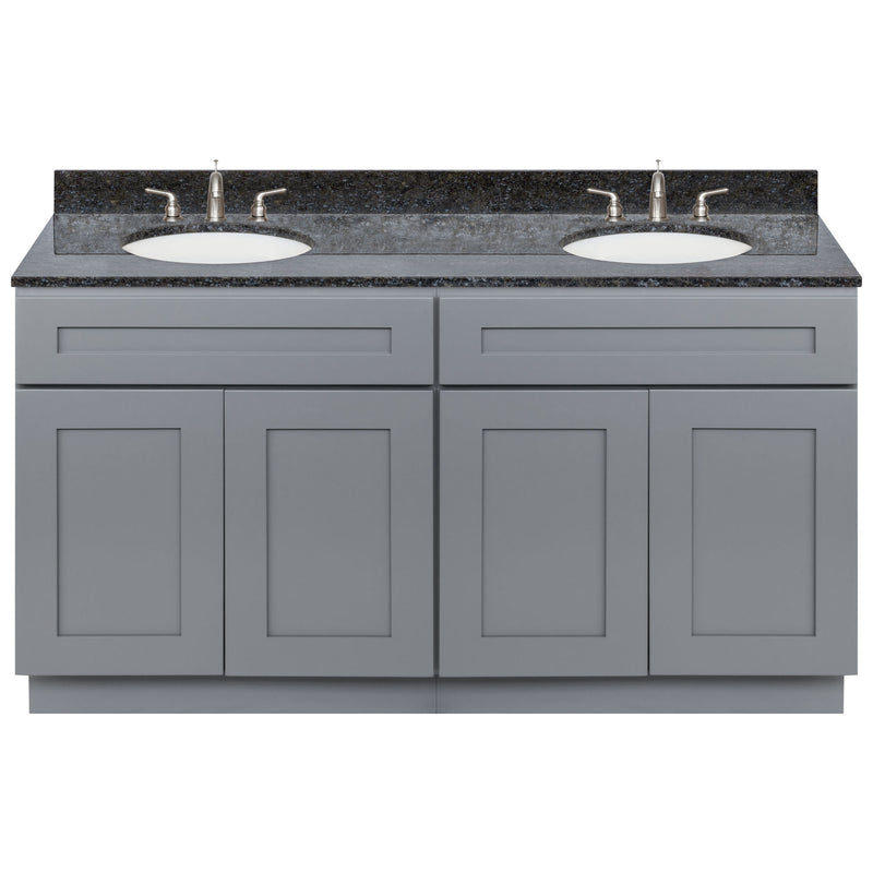 Cherry Double Bathroom Vanity 60", Blue Butterfly Granite Top, Faucet LB4B BB618-60CG-4B