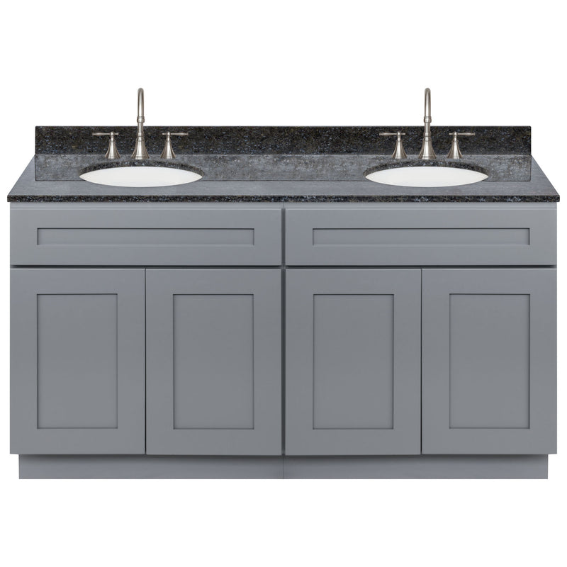 Cherry Double Bathroom Vanity 60", Blue Butterfly Granite Top, Faucet LB7B BB618-60CG-7B