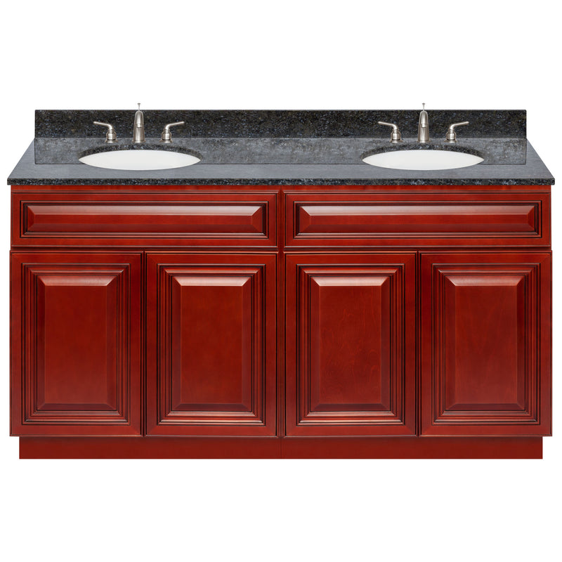 Cherry Double Bathroom Vanity 60", Blue Butterfly Granite Top, Faucet LB4B BB618-60CH-4B