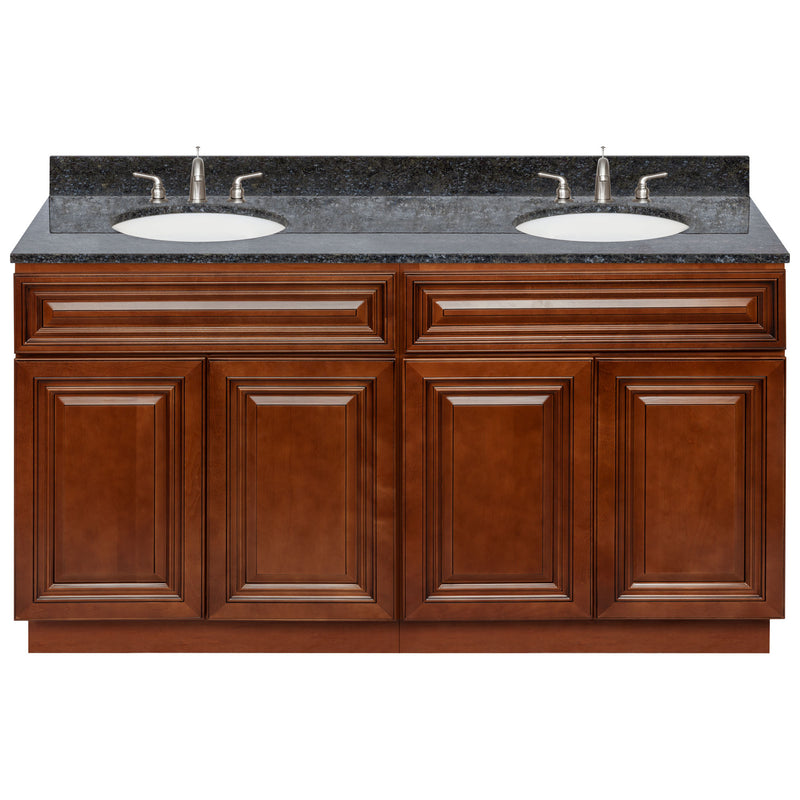 Brown Double Bathroom Vanity 60", Blue Butterfly Granite Top, Faucet LB4B BB618-60GN-4B