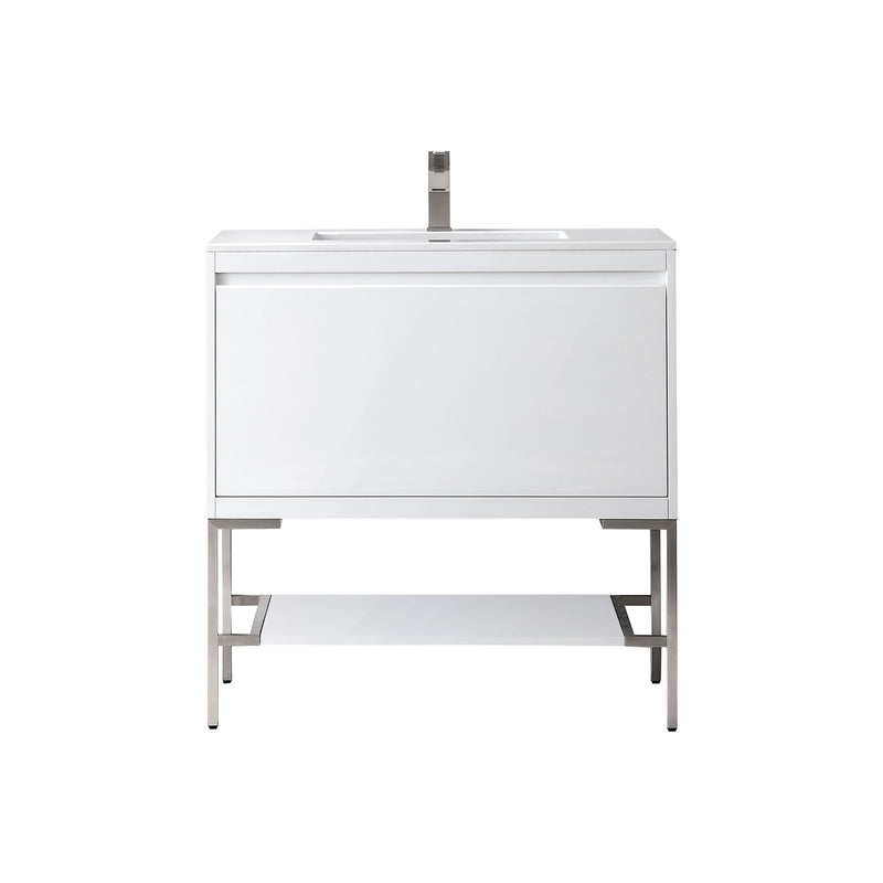 James Martin Milan 35.4" Single Vanity Cabinet Glossy White Brushed Nickel with Glossy White Composite Top 801V35.4GWBNKGW