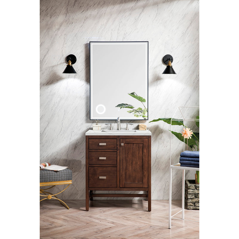 James Martin Addison 30" Single Vanity Cabinet Mid Century Acacia with 3 cm Ethereal Noctis Quartz Top E444-V30-MCA-3ENC