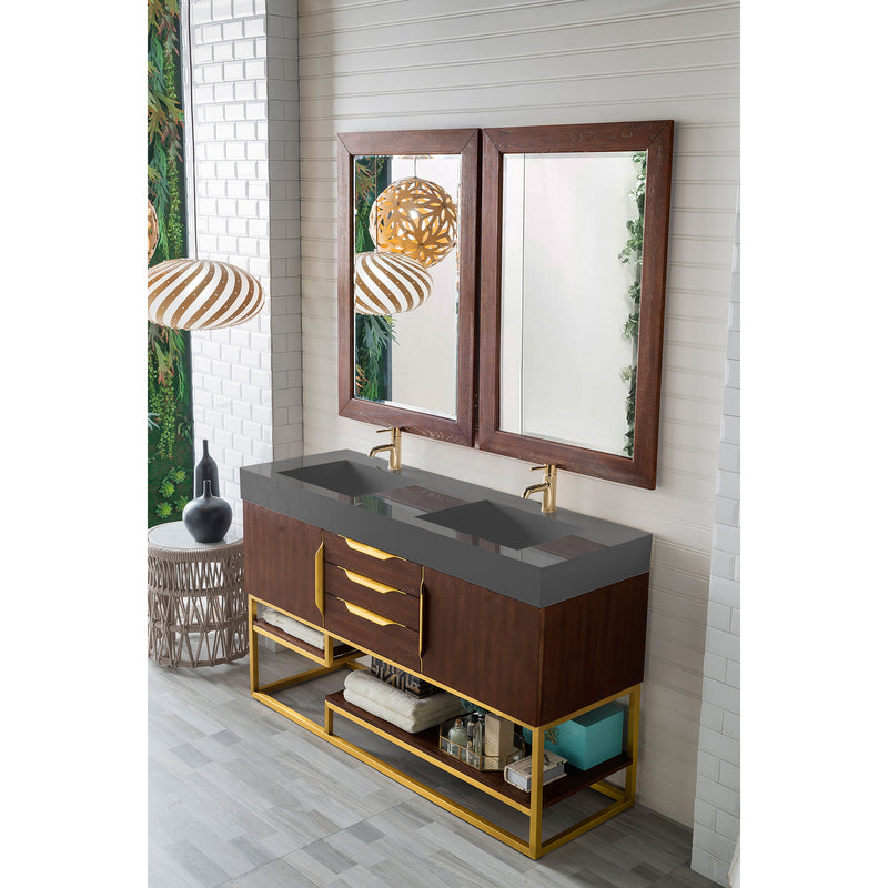 James Martin Columbia 59" Double Vanity Coffee Oak Radiant Gold with Dusk Gray Glossy Composite Top 388-V59D-CFO-RG-DGG