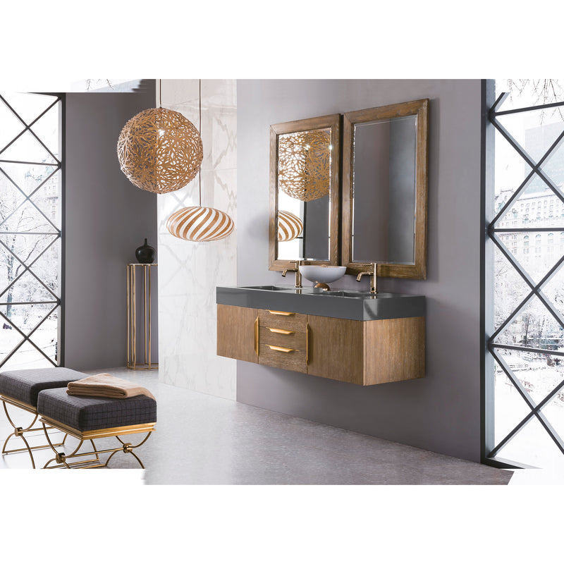 James Martin Mercer Island 59" Double Vanity Latte Oak Radiant Gold with Dusk Gray Glossy Composite Top 389-V59D-LTO-G-DGG