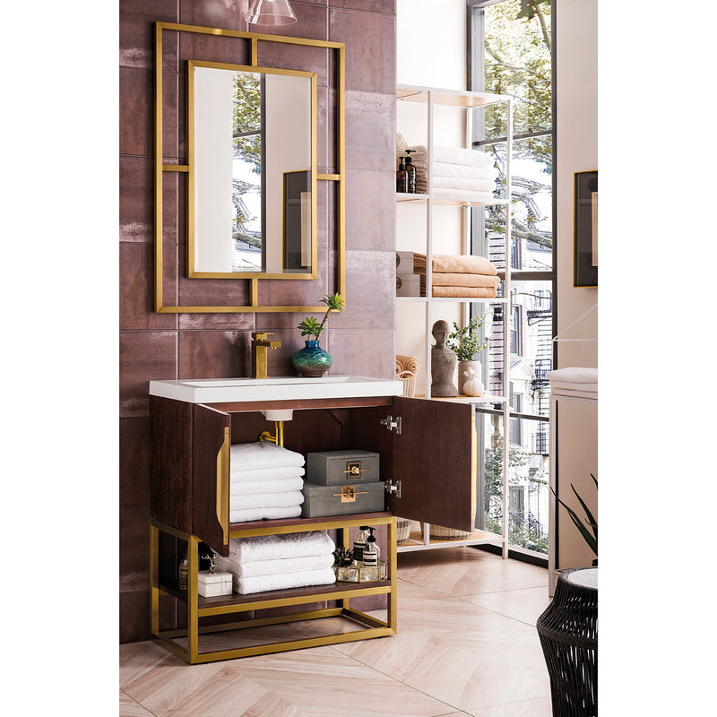 James Martin Columbia 31.5" Single Vanity Cabinet Coffee Oak Radiant Gold with White Glossy Composite Countertop 388V31.5CFORGDWG