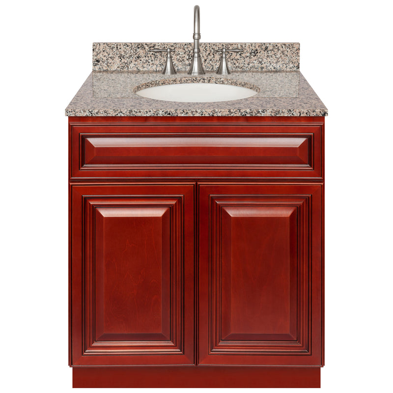 Cherry Bathroom Vanity 30", Burlywood Granite Top, Faucet LB7B BU318-30CH-7B