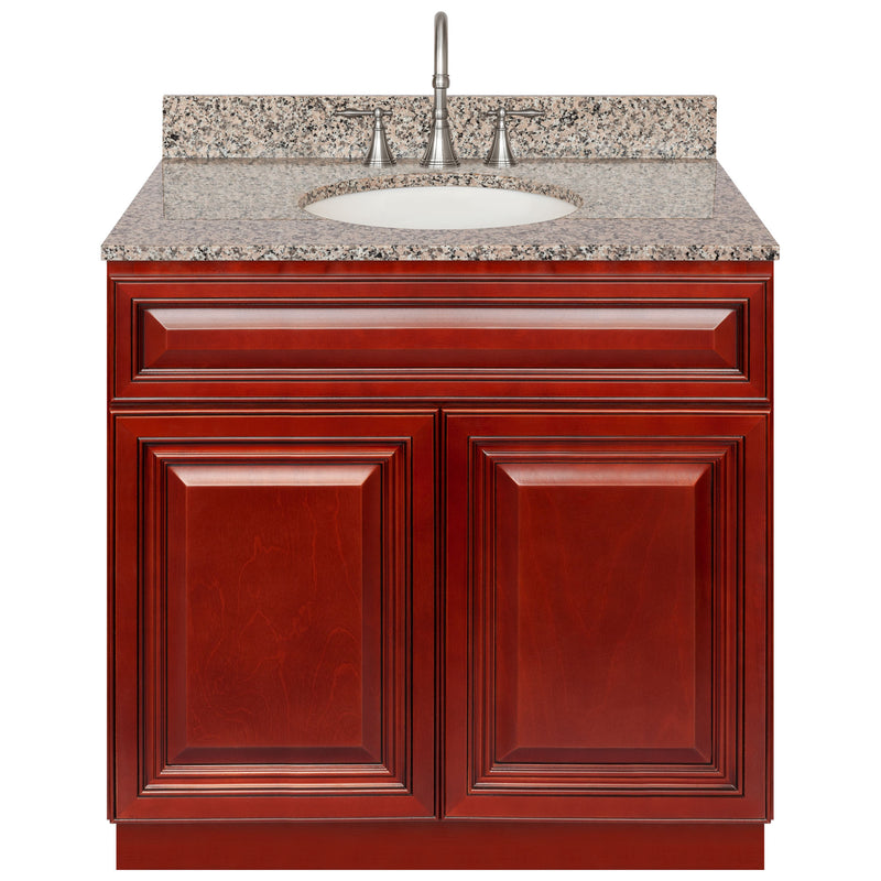 Cherry Bathroom Vanity 36", Burlywood Granite Top, Faucet LB7B BU378-36CH-7B