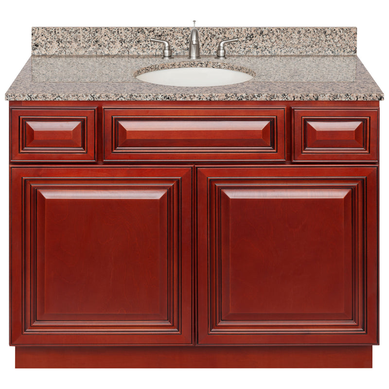 Cherry Bathroom Vanity 42", Burlywood Granite Top, Faucet LB4B BU438-42CH-4B