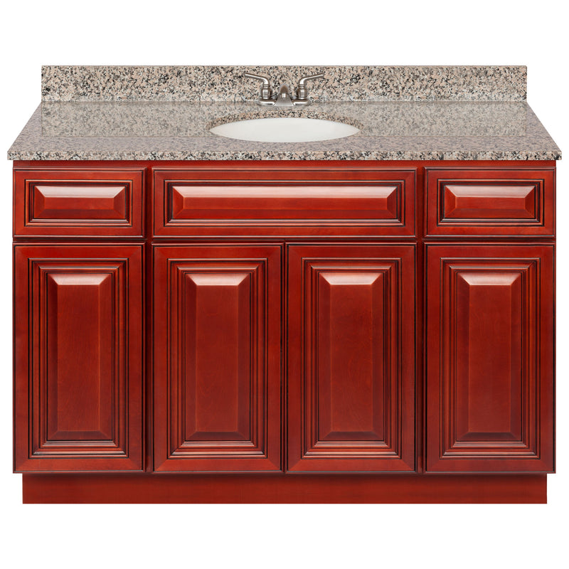 Cherry Bathroom Vanity 48", Burlywood Granite Top, Faucet LB3B BU494-48CH-3B