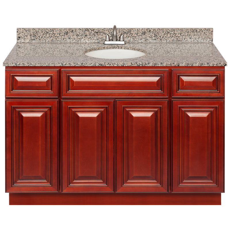 Cherry Bathroom Vanity 48", Burlywood Granite Top, Faucet LB5B BU494-48CH-5B