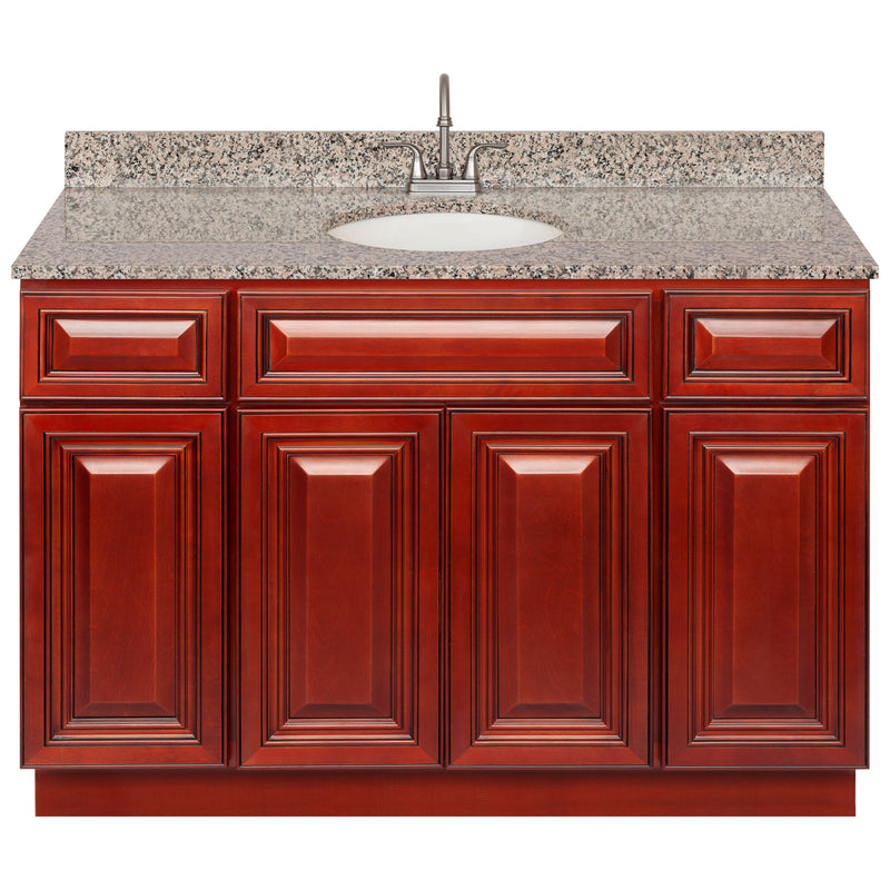 Cherry Bathroom Vanity 48", Burlywood Granite Top, Faucet LB6B BU494-48CH-6B