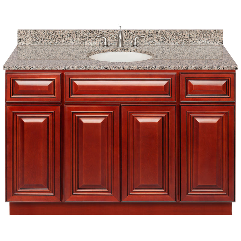 Cherry Bathroom Vanity 48", Burlywood Granite Top, Faucet LB4B BU498-48CH-4B