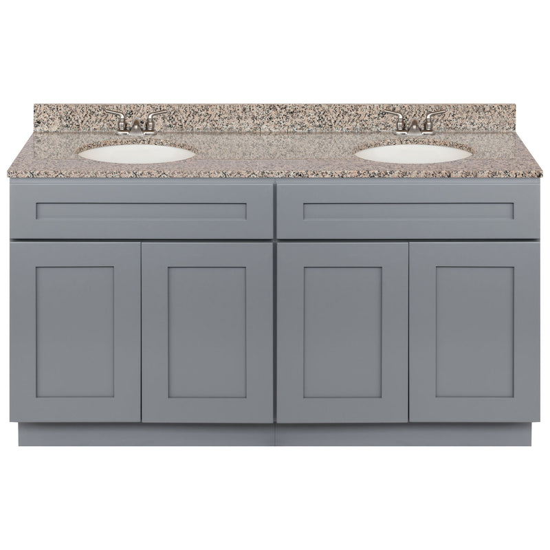 Cherry Double Bathroom Vanity 60", Burlywood Granite Top, Faucet LB3B BU614-60CG-3B