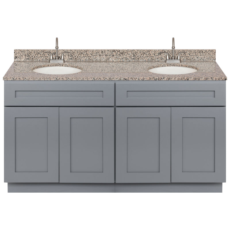 Cherry Double Bathroom Vanity 60", Burlywood Granite Top, Faucet LB6B BU614-60CG-6B