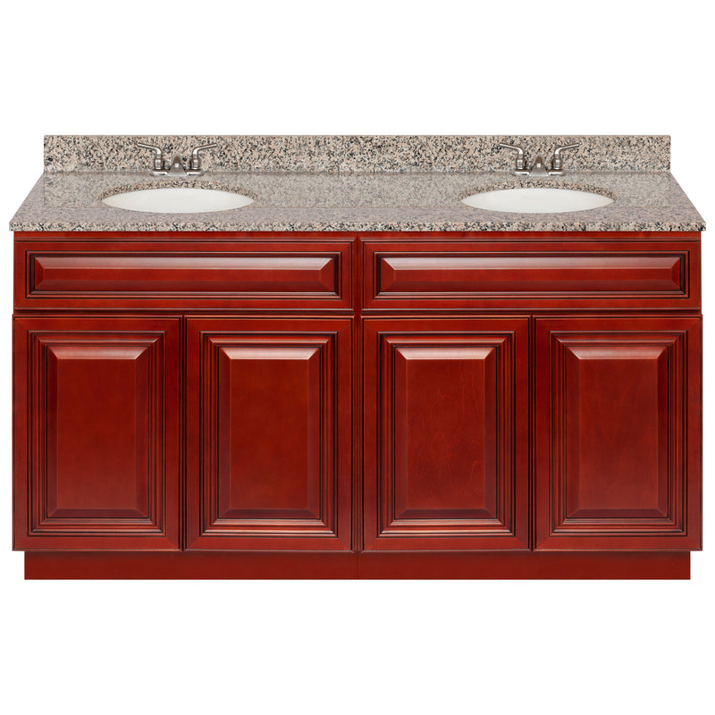 Cherry Double Bathroom Vanity 60", Burlywood Granite Top, Faucet LB3B BU614-60CH-3B