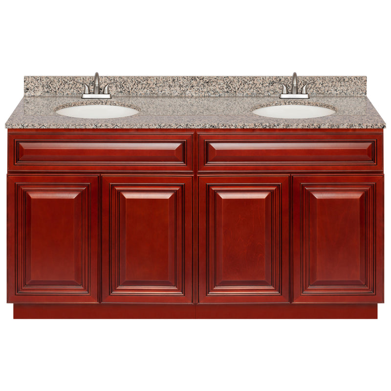 Cherry Double Bathroom Vanity 60", Burlywood Granite Top, Faucet LB5B BU614-60CH-5B