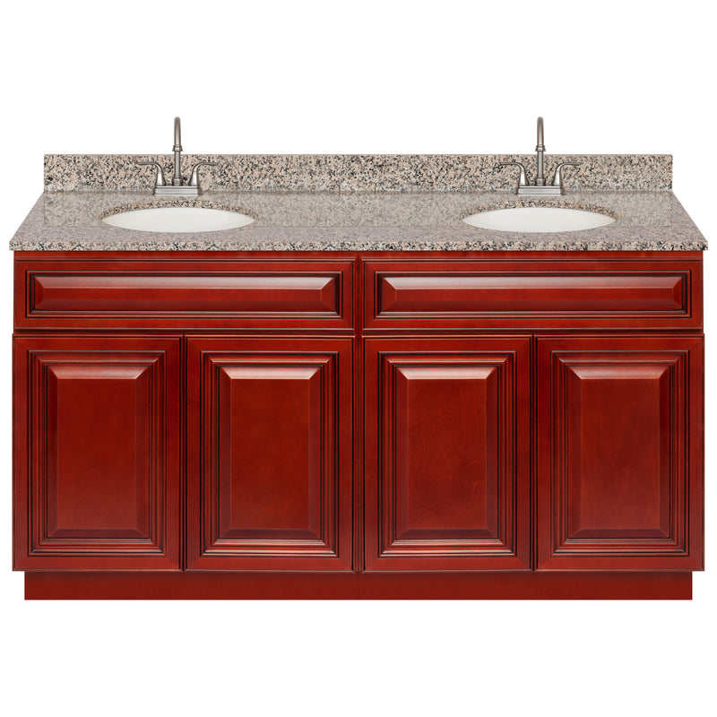 Cherry Double Bathroom Vanity 60", Burlywood Granite Top, Faucet LB6B BU614-60CH-6B