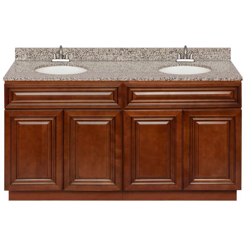 Brown Double Bathroom Vanity 60", Burlywood Granite Top, Faucet LB5B BU614-60GN-5B