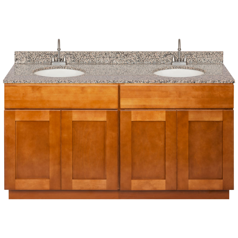 Brown Double Bathroom Vanity 60", Burlywood Granite Top, Faucet LB6B BU614-60NP-6B