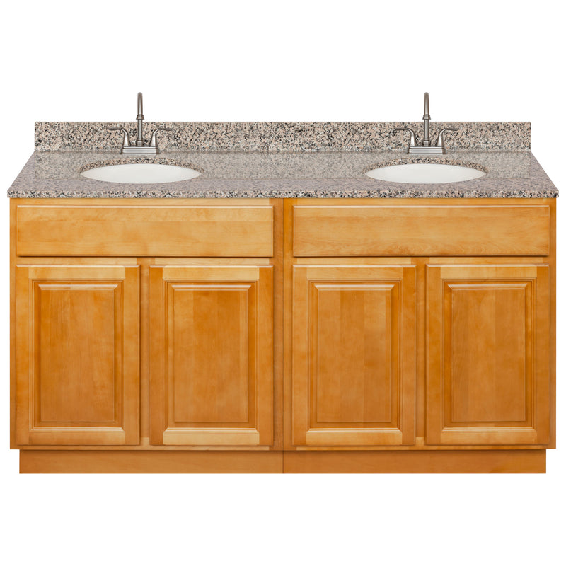 Brown Double Bathroom Vanity 60", Burlywood Granite Top, Faucet LB6B BU614-60RC-6B