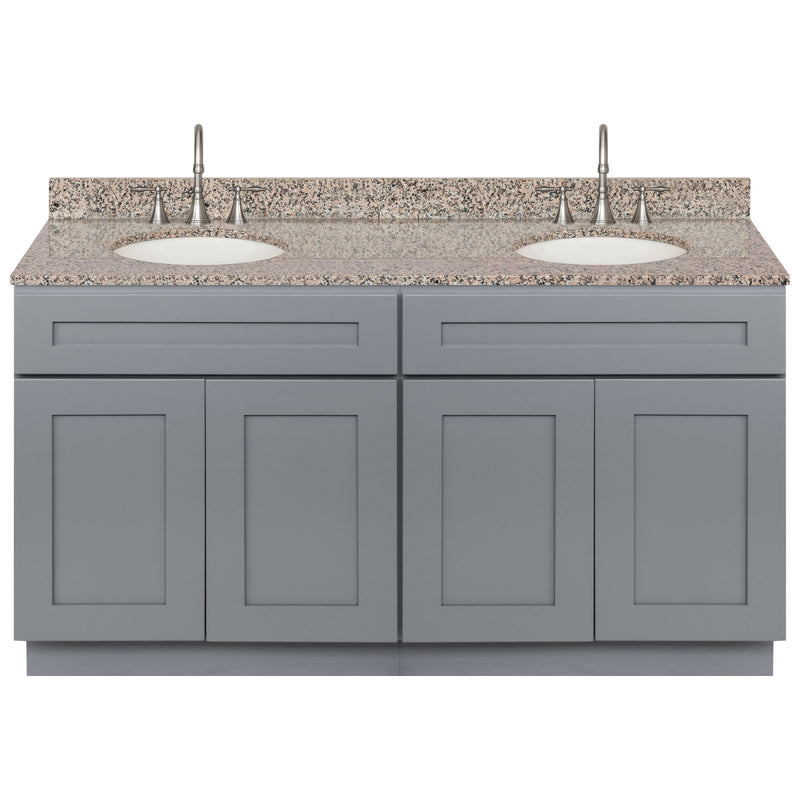 Cherry Double Bathroom Vanity 60", Burlywood Granite Top, Faucet LB7B BU618-60CG-7B